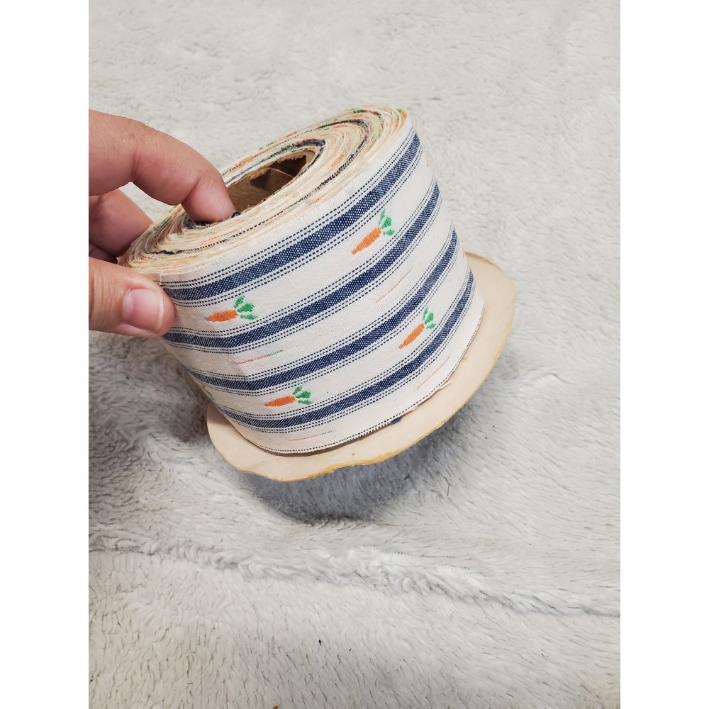 Vintage Country Blue White Ticking Striped Carrots Woven Fabric Ribbon 11.5 Yard - Picture 6 of 6